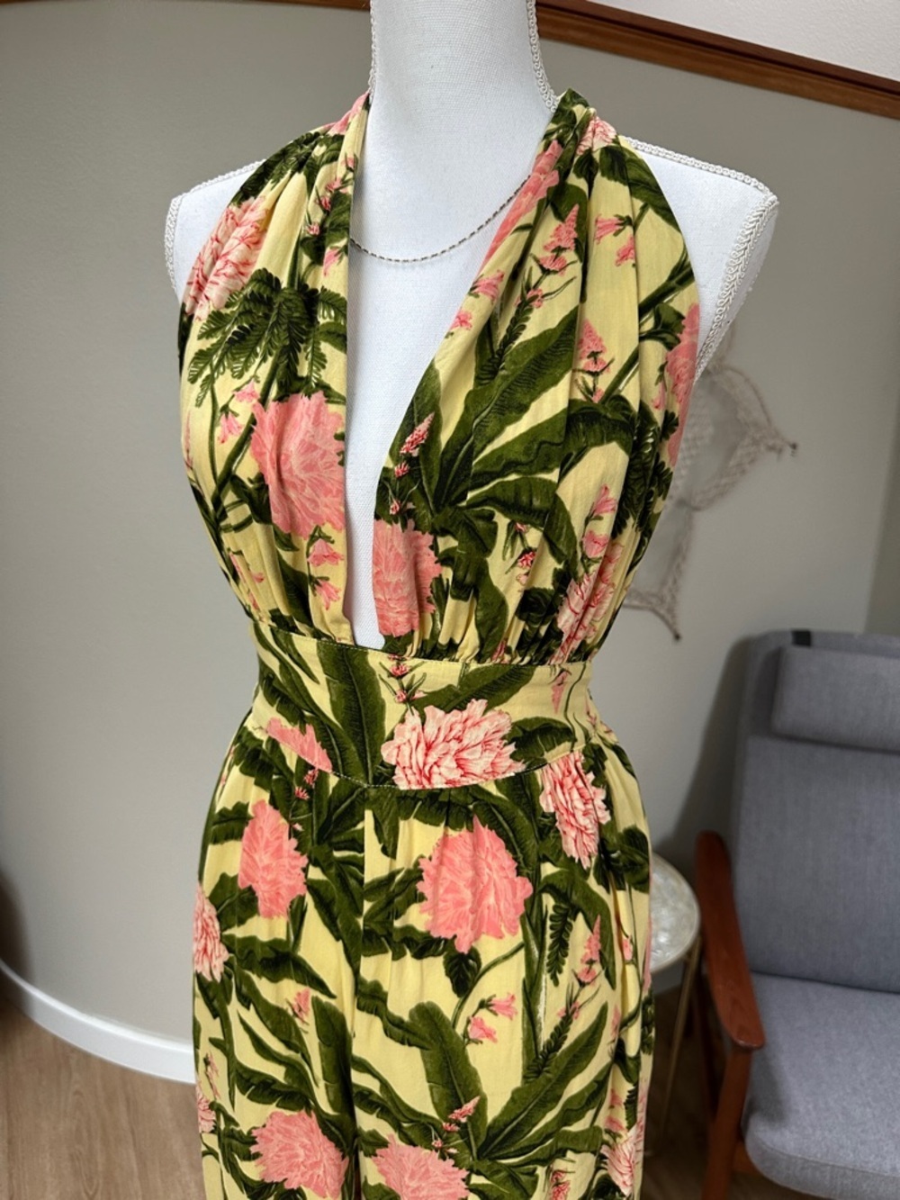 Agua Bendita Floral Halter wide leg jumpsuit in Yellow, Pink & Green - Picture 3 of 12